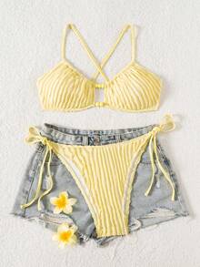 Set de costume de baie din material jacquard, culoare solidă, drăguț, casual, fără spate, cu legături în spate, potrivit pentru vacanță, plajă, toate anotimpurile - Galben - Vizualizare 4