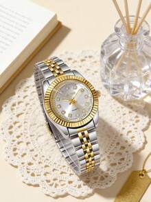 2PCS Women's Accessories Set In Gold And Silver Contrast, Including A Gold-And-Silver Two-Tone Strap Quartz Watch With A Diamond-Studded Dial, And A Double Heart-Shaped Diamond-Studded Gold Chain Bracelet. - Multicolor - View 8