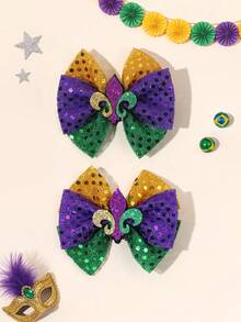 2个巴西狂欢节闪亮发夹，女士女孩适用，亮片鸢尾花蝴蝶结鳄鱼夹，闪亮亮片发夹，紫色、绿色、黄色发卡，精致游行发簪，女士发饰 - 彩色 - 查看 8
