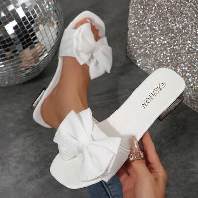 女士时尚蝴蝶结装饰拖鞋，休闲沙滩鞋，水晶鞋跟，简约风格