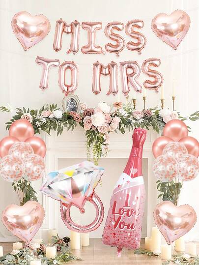 25件套准新娘派对装饰套装，包含“Miss To Mrs”横幅、酒瓶、钻戒、心形铝箔气球、玫瑰金闪光乳胶气球，适用于新娘送礼会、单身派对、订婚派对、婚礼主题派对等。
