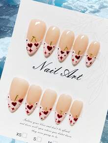 10片装手工美甲贴片套装，情人节美甲，心形图案，蝴蝶结装饰，可爱简约风格，高端品质，可重复使用，适合日常佩戴、约会、节日，也可作为礼物赠送。美甲用品 - 香檳色 - 查看 3