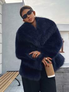 Seelio秋冬新款加厚仿狐狸毛领仿皮草短款外套年轻优雅中长款皮草大衣 - 藏藍 - 查看 7