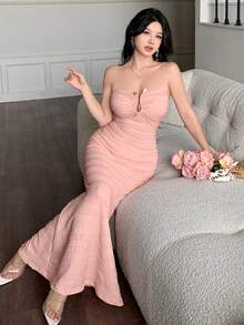 abyoxi Đầm dài nữ màu hồng, không dây vai, khoét hình trái tim, lưng hở, khóa kéo, eo nhún bèo, dáng ôm, chất liệu dệt jacquard, kiểu đuôi cá, gợi cảm, thanh lịch, quyến rũ lãng mạn, thích hợp cho hẹn hò, dự tiệc, dạ hội, ngày đầu năm mới, ngày lễ tình nhân, đầm maxi đuôi cá mùa xuân hè. - Hồng - Xem 5