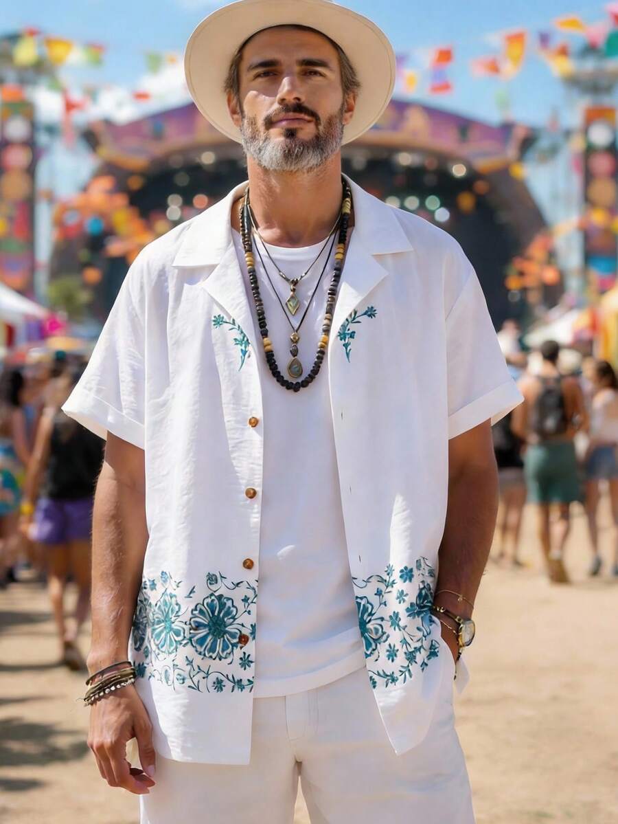 男士时尚休闲花卉和植物印花设计短袖衬衫，优雅复古领口纽扣前襟，适合商务、工作、户外、旅行、通勤穿着 - 白色 - 查看 1