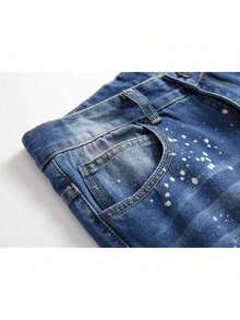 Pantalones largos de marca con diseño rasgado y agujeros, sueltos y de pierna recta - Azul - Ver 4