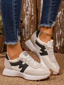 Women's Round Toe Lace-Up Thick Sole Student Casual Comfortable Platform Sneakers - White - View 5