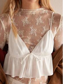 Women's Sheer Lace Mesh Top, Fashionable Slim Fit Long Sleeve Faux Collar Floral Blouse, Casual Outing T-Shirt - 奶油 - 查看 2