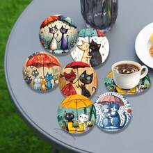 6/8件套木质杯垫，波西米亚风格猫咪图案，适用于家居装饰、卧室、办公室、茶室，保护桌面免受各种杯子刮擦，是情人节、婚礼、复活节、母亲节、生日派对等场合送给女性的个性化礼物 - 升級1 - 查看 2