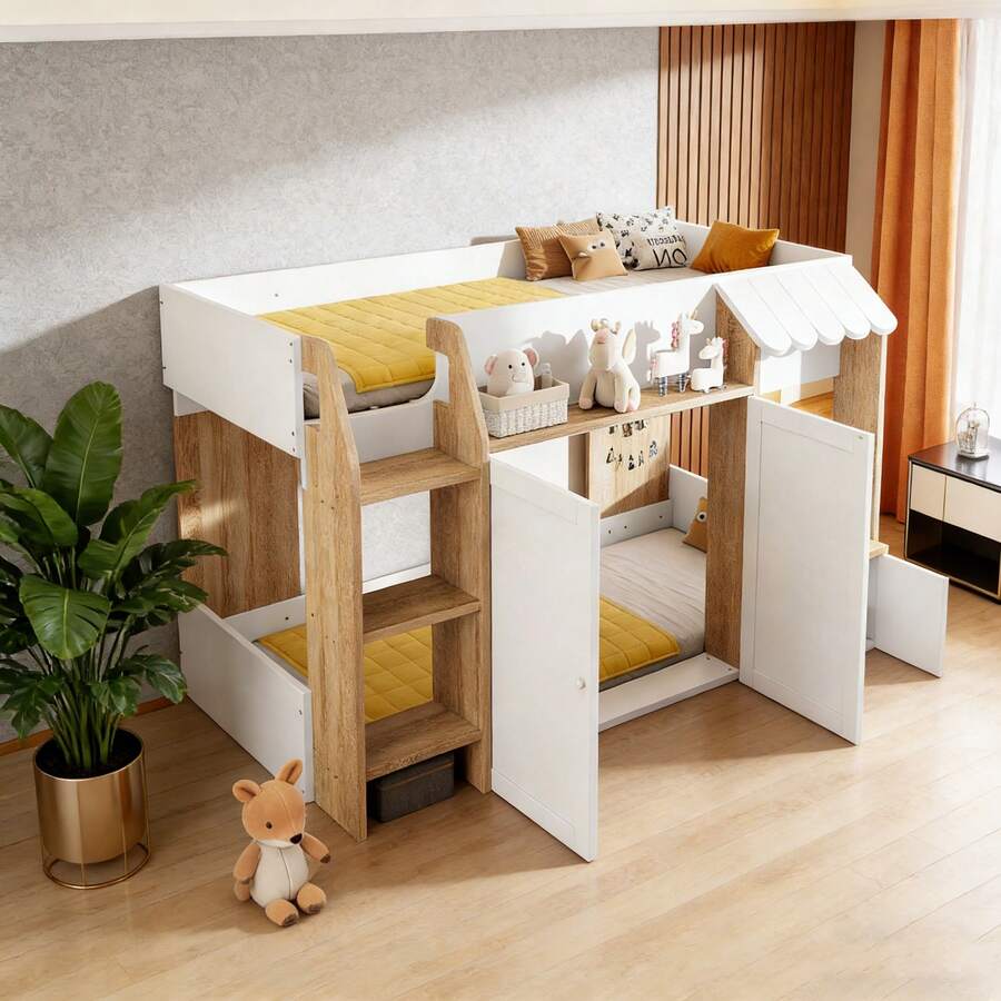 Kids Bed Frames, Headboards & Footboards - White+Natural + Wood + 90cm*200cm - View 1