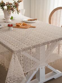 Bubaba 1pc Beige Coin Pattern Tablecloth, Bohemian Style Beige Tassel Hollow Out Tassel Decor Dust-Proof Dining Table Cloth, Suitable For Party, Festival, Gathering, Kitchen, Dining Room, Living Room, Outdoor, All Seasons - Beige - View 8
