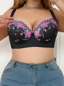 MIMILEMON Plus Size Women Lace Embroidery Underwire Bra - Wide Strap, Lift & Support, Side Support, Sexy & Comfortable - Black - View 9