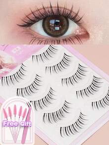 5 Pairs Of Natural False Eyelashes Fluffy And Soft 3D Mink Eyelashes Long Silky Eyelashesdaily Work Meetings Natural False Eyelashes Comfortable To Wear With Eyelashes Hand-Made Wing Elongated Natura Full False Eyelashes Free Eyelash Tweezers And Eyelash Brushes - 黑色 - 查看 6