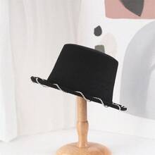 Womens Felt Fedora Hat Rhinestone Wave Design Stylish Wide Brim Flat Top Jazz Cap - Black - View 2