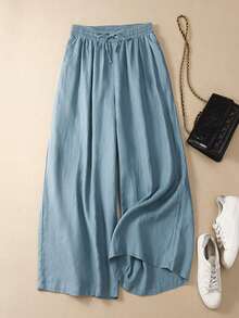 Pantalones casuales y cómodos de unicolor retro, adecuados para primavera/verano, casual de negocios, ropa de playa, ir al trabajo y ocio diario, pantalones anchos y sueltos con bolsillos, nueva colección primavera/verano - Neblina azul - Ver 8