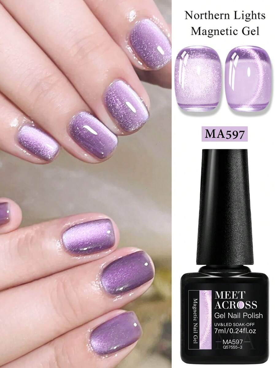 MEET ACROSS 1 Bottle 7ml Purple Aurora Water Gloss Cat Eye Gel Nail Polish, Aurora Glitter Crystal Magnetic Semi-Permanent Soak-Off UV LED Nail Polish, DIY Home And Nail Salon Supplies - 淡紫色 - 查看 1