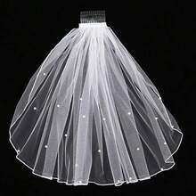 1pcs Short 1 Tier Soft Mesh Beads Wedding Veils  With Comb  Party Bride Hair Accessories For Women - trắng - Xem 3