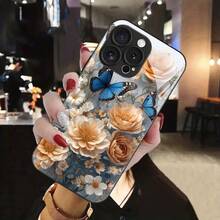 Funda de Teléfono con Patrón de Mariposa Azul y Rosa, Adecuada para iPhone 16/16Pro/16ProMax/16Plus/15/15Plus/15Pro/15ProMax, 14/14Plus/14Pro/14ProMax, 13/13Pro/13ProMax, 12/12Pro/12ProMax, 11/11Pro/11ProMax, 7/1335Plus, XR/Xs/XsMax, Funda Protectora de Vidrio Templado de Cobertura Completa Antigolpes, Accesorios para Teléfono, Diseño Floral, Material a Prueba de Golpes, Diseño Impreso UV, Funda Protectora Ligera, Entusiastas de la Moda - Colores mixtos - Ver 8