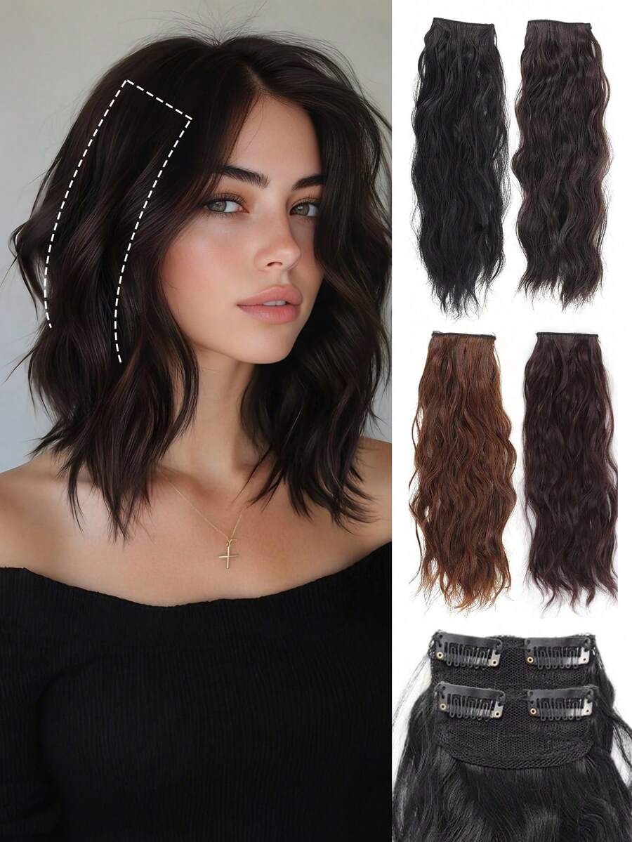 2 lọn tóc nối kẹp, dài 14 inch, kiểu sóng nước xoăn, phù hợp với tóc mỏng hoặc tóc ngắn, dễ dàng tăng độ dày, màu đen tự nhiên.