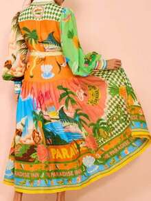 Vestido largo con cinturón y estampado de resort - Multicolor - Ver 4