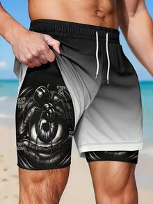 Men's Summer Vacation Dark Figure & Spider Print Ombre Drawstring Waist Double-Layer Beach Shorts - Multicolor - View 1
