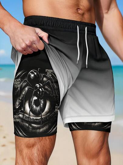 Men's Summer Vacation Dark Figure & Spider Print Ombre Drawstring Waist Double-Layer Beach Shorts