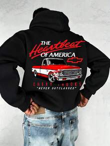 Men's American Street Style Hoodie With Chevrolet Pickup Truck Print. Stylish And Casual Long-Sleeved Sweatshirt With A Relaxed And Comfortable Fit. A Must-Have For Car Enthusiasts, Suitable For Everyday Wear, And A Great Gift For Men. - 黑色 - 查看 1