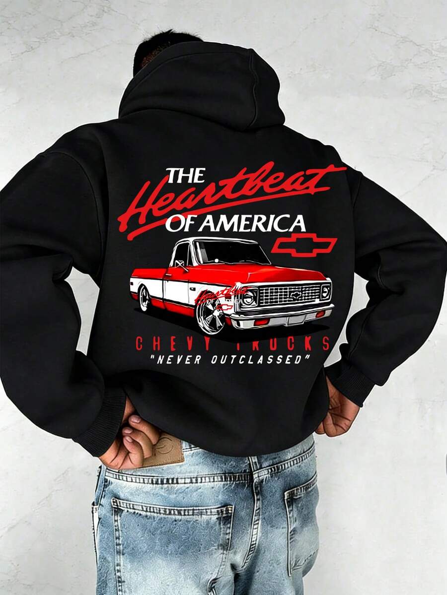 Men's American Street Style Hoodie With Chevrolet Pickup Truck Print. Stylish And Casual Long-Sleeved Sweatshirt With A Relaxed And Comfortable Fit. A Must-Have For Car Enthusiasts, Suitable For Everyday Wear, And A Great Gift For Men. - 黑色 - 查看 1