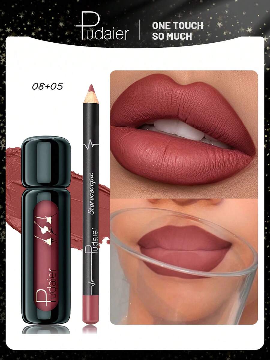 2pcs Waterproof Lip Liner Set, Natural Makeup Look, Suitable For All Skin Tones, Colors: Pink, Purple, Red - 08+05 - View 1