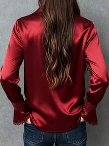 Áo sơ mi nữ thanh lịch kiểu vintage bằng satin và ren, cổ bẻ, cài cúc, thích hợp cho tiệc tùng, hẹn hò, ngày Valentine, Tết Nguyên Đán và mặc thường ngày, mùa thu/đông. - Đỏ - Xem 3