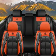 Chic Black & Orange Contrast Faux Leather 5-Seater Full Coverage Car Seat Covers - Emblem & Lettering Stitching Design Universal Fit Auto Seat Protectors - 橘色五座 - 查看 3