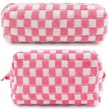 ZLFSRQ 2Pcs Checkered Pencil Case Cute Pencil Pouch For Teens Pink Checkered Makeup Bag Travel Cosmetic Bag Set Cute Preppy Makeup Pouch For Purse Portable Zippered Skincare Toiletry Bags Organizer - BH-格子圖案2件裝,粉紅色和白色混色 - 查看 2