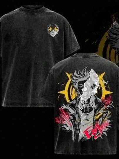 Camiseta de anime vintage de doble cara impresa, camiseta de algodón pesado lavada, camiseta de patrón estilo cyberpunk, ropa de calle de cultura geek, estilo casual, ropa de hombre, moda hip-hop, camiseta de anime estilo milenario, cosplay