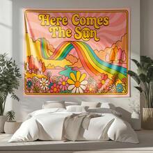 Here Comes The Sun Tapestry - Retro Rainbow Wall Hanging, 70s Hippie Floral Decor, Groovy Sunshine Art, Boho Colorful Tapestry - Pink - View 1