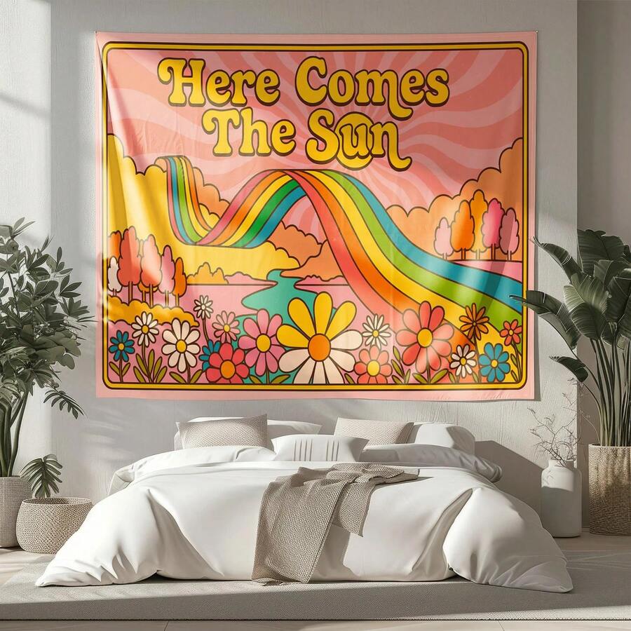 Here Comes The Sun Tapestry - Retro Rainbow Wall Hanging, 70s Hippie Floral Decor, Groovy Sunshine Art, Boho Colorful Tapestry - Pink - View 1