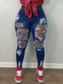 Jkorea Women's High Waisted Heavily Distressed Skinny Jeans - Ripped Shredded Denim Pants Streetwear Aesthetic - 深色水洗藍 - 查看 1