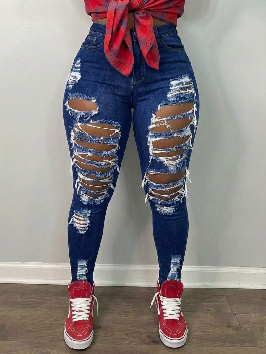 Jkorea Women's High Waisted Heavily Distressed Skinny Jeans - Ripped Shredded Denim Pants Streetwear Aesthetic - 深色水洗藍 - 查看 1