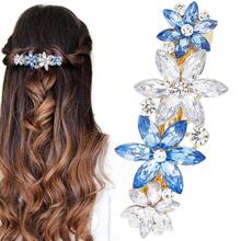 Crystal Rhinestone Hair Clip Blue Clear Flower Wedding Barrettes Prom Engagement Dressy Decorative Fancy Accessories For Bride Women Thick Long Hair - Blue Clear - 查看 2