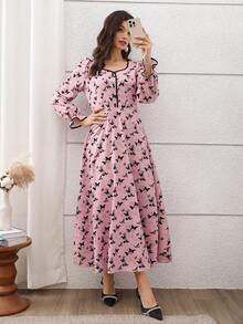 Solessence Butterfly Print Color Block Button Front Dress, Suitable For Home, Wedding, Formal Occasions, And Daily Wear - Pink - View 4