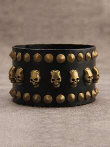 1pc Fashion Skull Rivet Unisex Wide Leather Bracelet, Punk Style Couple Bangle With Hidden Clasp, Suitable For Carnival Party, Music Festival Gift