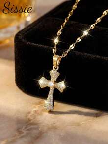 1pc Fashionable Micro-Inlaid Diamond Jesus Cross Copper Pendant Stainless Steel Necklace, Unisex, Exquisite Luxury Party Jewelry, Religious Christian Jewelry, Daily Wear - Multicolor - View 1