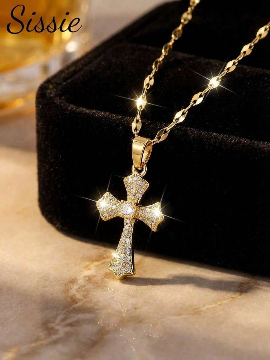 1pc Fashionable Micro-Inlaid Diamond Jesus Cross Copper Pendant Stainless Steel Necklace, Unisex, Exquisite Luxury Party Jewelry, Religious Christian Jewelry, Daily Wear - Multicolor - View 1