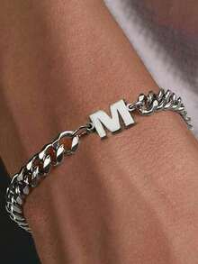 1pc Men's Versatile Uppercase English Letter Stainless Steel Bracelet, Waterproof, Suitable For Daily Wear, Parties, Gifts For Family And Friends - Silver - View 9