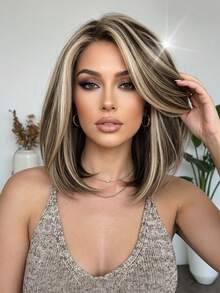 Tóc giả ren HD 13 * 4 inch, tóc giả bob 12 inch, kiểu tóc ngắn cao cấp thanh lịch, tóc giả tổng hợp chịu nhiệt độ cao, thích hợp sử dụng hàng ngày, du lịch nghỉ lễ, họp mặt gia đình, Giáng sinh, nhập vai, món quà Giáng sinh hoàn hảo cho các cô gái - Màu nâu highlight - Xem 13