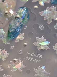 1pc Blooming Lotus With Pearls Gradient Unfolding Petals Press-On Nail Stickers 5D Nail Art Botanical Enchanting Oriental False Nails For Women's Sophisticated DIY Manicure Decals