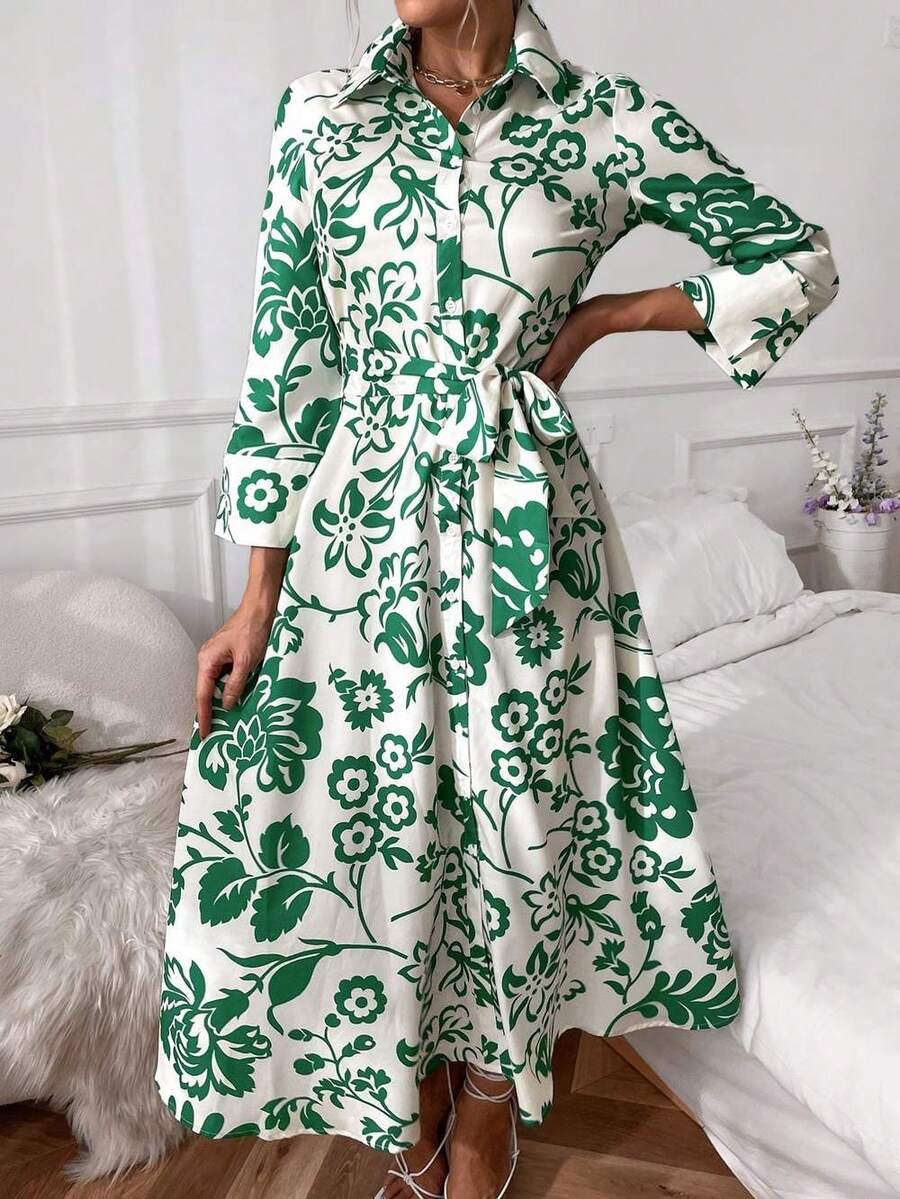 Botanical Print Belted Shirt Dress - Multicolor - View 1