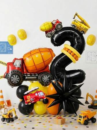 41 piezas/Set Globos decorativos con números del 0 al 9 de 32 pulgadas de color negro para fiesta de cumpleaños, set de globos de foil con diseños de grúa, hormigonera y camión de bomberos para decoración de fiesta de cumpleaños - decoraciones DIY, 12 piezas de globos gigantes negros con forma de estrella, globos de látex negros, amarillos y naranjas, adecuados para decoración de cumpleaños y baby shower