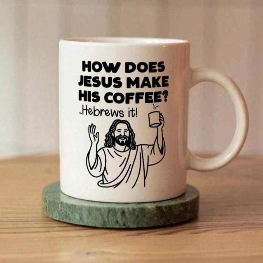 1pc, How Did Jesus Make Coffee? Hebrews It ! Jesus Meme, An Amusing Christian Coffee Cup, A Gift For A Pastor's Gratitude. Suitable For Use In Dishwashers And Microwave Ovens. A 11oz Multi-Functional Durable Ceramic Mug, Meme-Worthy, Pastor-Approved, Dishwasher-Safee, Microwave-Friendly, Faith-Filled, Daily-Go-To, Ceramic-Tough, 11oz-Perfect, Gag-Gift Great, Gratitude-Gift Ready - Trắng - Xem 1
