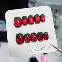 10Pcs Sweet And Cute Red Strawberry Nail Art Fruit Fake Nails Shiny Cat's Eye Short Spring And Summer Retro Hand Painted Nail Pieces Birthday Wedding Graduation Ceremony Decoration Removable Fake Nails - Kỷ nguyên - Xem 7