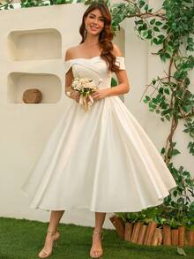 YUMIBRAVO 优雅缎面新娘婚纱、白色女士礼服、露肩舞会礼服、优雅女士婚纱、无肩带婚纱派对礼服 - 白色 - 查看 8